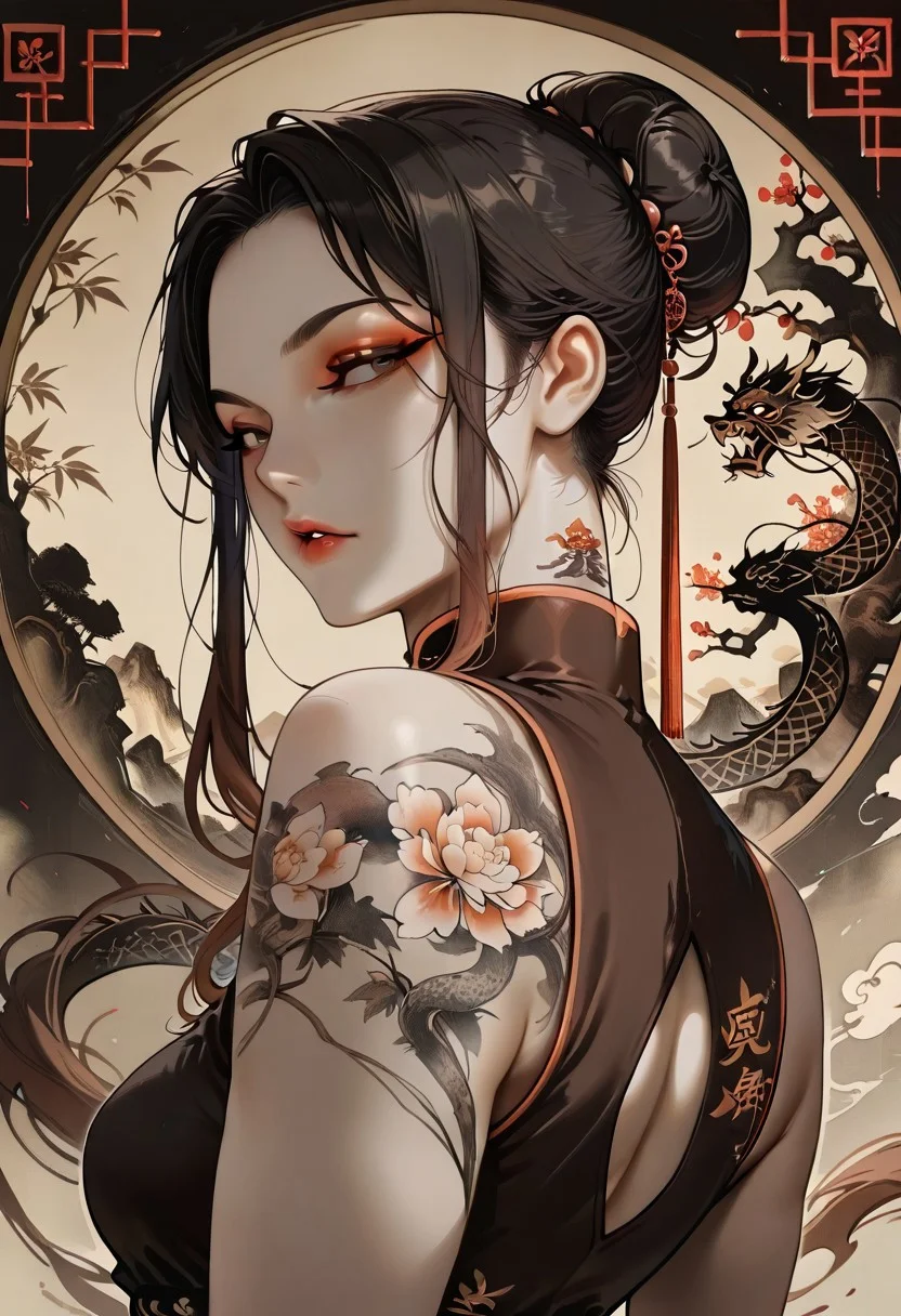 masterpiece, best quality, 32k, high resolution, absurdres, Chinoiserie, Mei, MeiRH, 1woman, mature woman, chinese woman, Very long black hair, brown gradient hair, high hair bun, brown eyes, asian eyes, pale skin, medium breasts, full right arm tattoo, big back tattoo, portrait, face closeup, front view, sleeveless Chinese dress, color splashes background, aesthetic, detailed eyes, upper body, looking at the viewer, parted lips, red lipgloss, eyeliner, makeup, back view, from behind shot