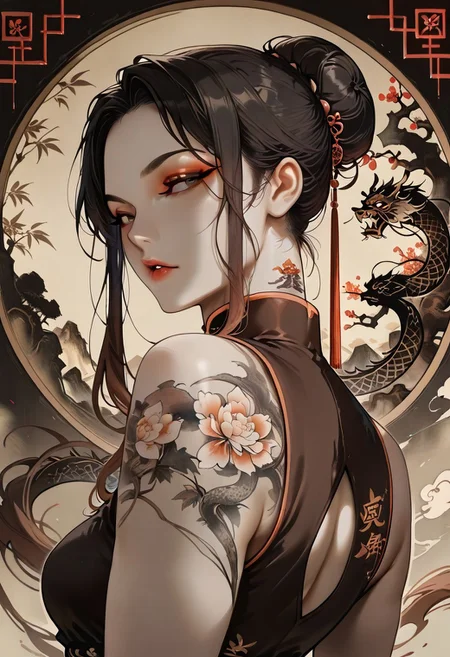 masterpiece, best quality, 32k, high resolution, absurdres, Chinoiserie, Mei, MeiRH,  1woman, mature woman, chinese woman, Very long black hair, brown gradient hair, high hair bun, brown eyes, asian eyes, pale skin, medium breasts,  full right arm tattoo, big back tattoo,  portrait, face closeup, front view, sleeveless Chinese dress, color splashes background, aesthetic, detailed eyes,  upper body, looking at the viewer, parted lips, red lipgloss, eyeliner, makeup, back view, from behind shot