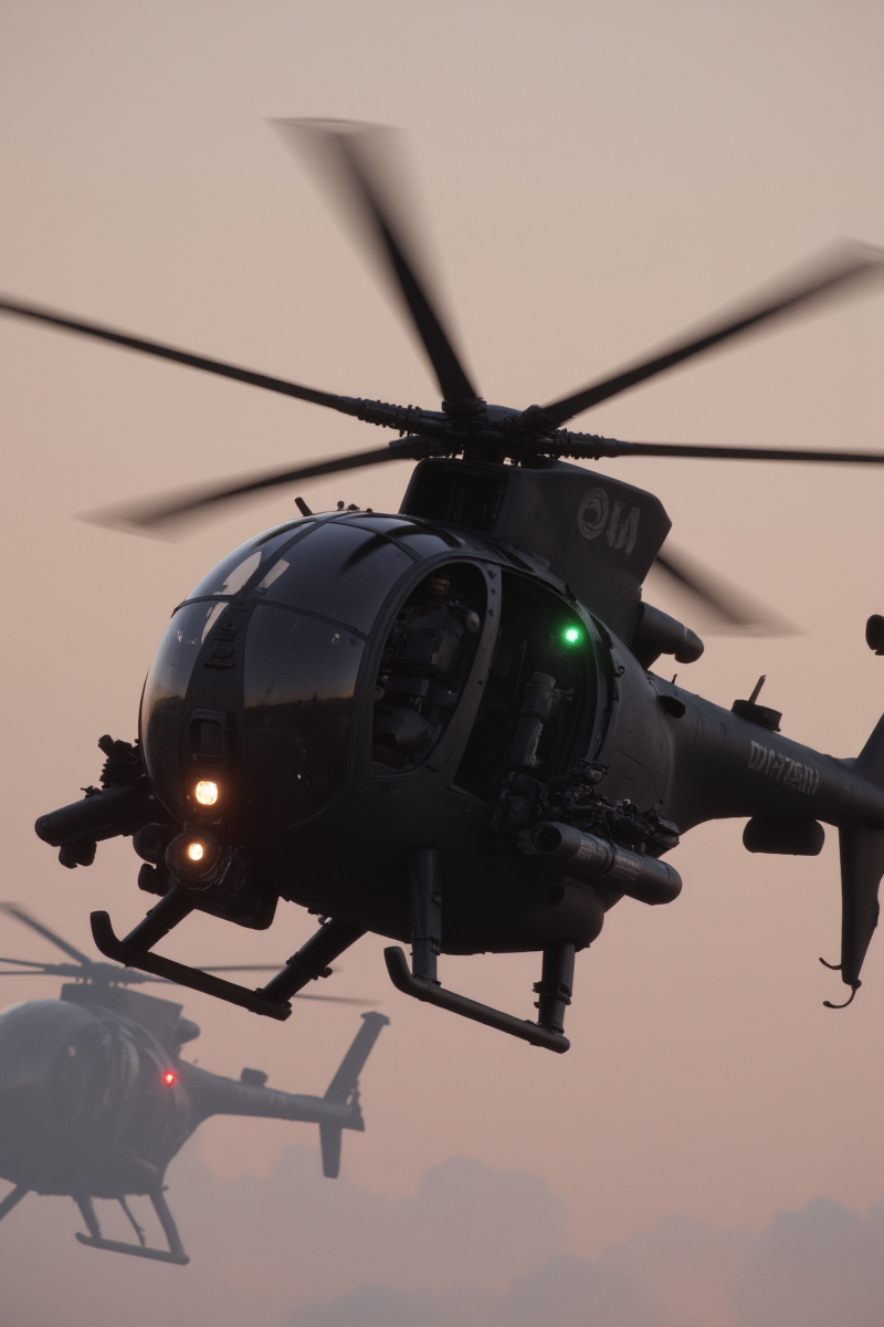 3DGame,The image captures a close-up view of a military helicopter in flight during what appears to be either dawn or dusk,given the warm,soft lighting. The helicopter is painted in a matte black color,enhancing its stealthy appearance. It features a tandem rotor design,with two large rotor blades spinning rapidly,providing lift and stability.,
The helicopter's body is sleek,with a bulbous front that likely houses advanced avionics and sensors. Underneath,there are multiple hardpoints equipped with what seem to be weapons or external fuel tanks,indicating its combat capabilities. The tail boom extends backward,ending with a smaller rotor that counteracts the torque generated by the main rotors.,
The background is a hazy sky with light clouds,and the silhouette of another helicopter can be seen in the distance,suggesting a formation flight or a larger operation. The green and red navigation lights on the helicopter are illuminated,enhancing visibility and safety during flight. The overall impression is one of power,precision,and readiness for a mission.,