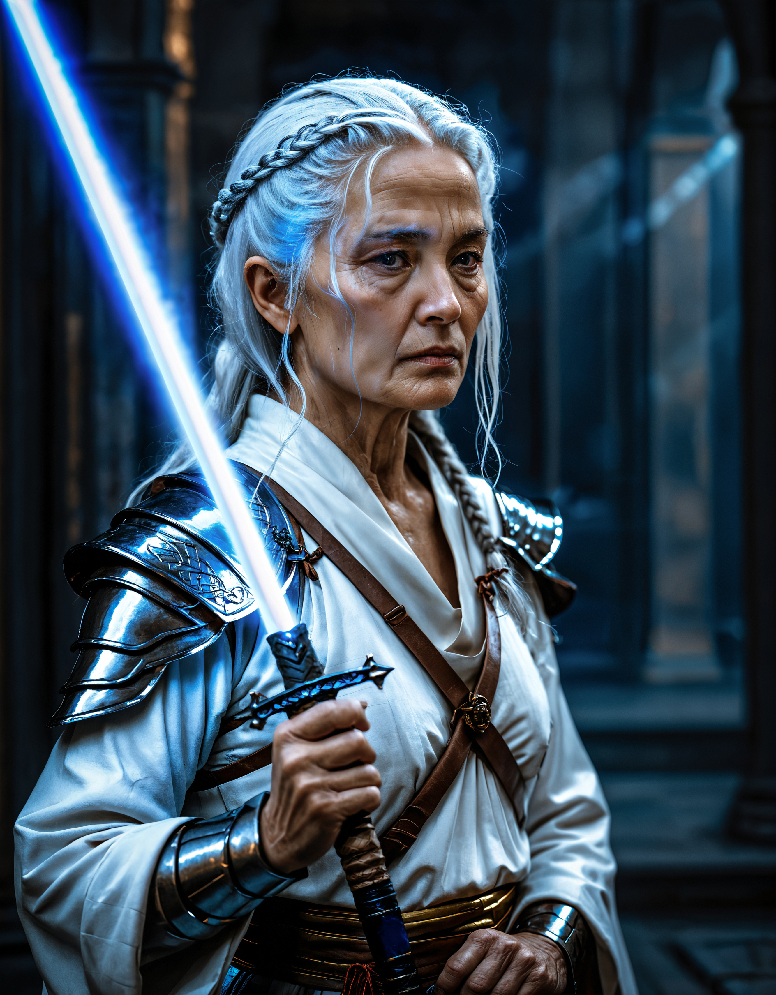 (zavy-ldprtrt), Cinematic shot of a old woman wearing a shiny white armor, beautiful hair, holding a blue glowing sword by the handle, blue thunder around, sword pointing up, heaven in background, reflective light, old knight,