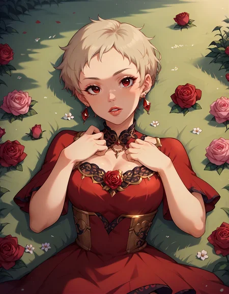 score_9,score_8_up,score_7_up,1girl,solo,lying,parted lips,front view,luxury,rose,flower field,
<lora:senzakiema_ponyXLV6:0.8>,cgsem,blonde hair,very short hair,red eyes,earrings,red dress