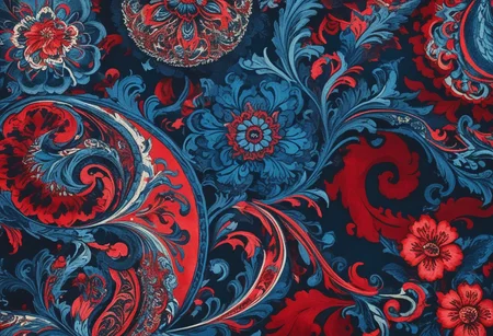 photo of a paisley pattern, official art, aesthetic, dynamic angle, hyper detailed, order and chaos, dark colors, (extremely detailed, intricate details, masterpiece, best quality, 8k wallpaper:1.4), dramatic lighting, (dark blue and madder red palette:1.2), boteh, paisley, navy blue, madder red, almond