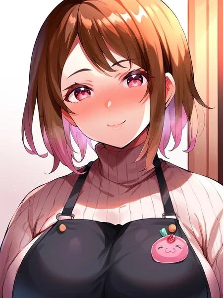 score_9, score_8_up, score_7_up,
1girl, nonoka rr, huge breasts, medium hair, brown hair, pink eyes,
standing, smile, nose blush, looking at viewer, sweater, long sleeves, turtleneck, punk apron, upper body,