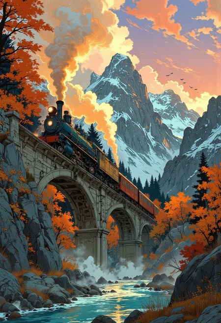 A majestic steam locomotive, painted in rich royal blue and gold accents, thunders across a grand stone viaduct at sunrise, cutting through the crisp mountain air. Billowing clouds of vivid golden-orange steam rise high into the sky, reflecting the brilliant hues of dawn. The train’s vibrant red carriages, adorned with polished brass details, gleam under the soft morning light.
Below, a crystal-clear turquoise river winds through a lush, emerald-green valley, reflecting the golden light of the rising sun. Autumn foliage bursts into a spectacular display of fiery oranges, deep reds, and bright yellows, creating a mesmerizing contrast against the cool stone of the viaduct. Sunlight filters through the misty air, casting ethereal beams of light across the scene.
As the train moves forward, sparks fly from the wheels, and a soft, nostalgic whistle echoes through the valley, adding a dynamic sense of motion and excitement. Above, a flock of birds soars through the pastel-colored sky, painted with stunning pink, purple, and gold hues, completing this cinematic and awe-inspiring moment of adventure and nostalgia. Anime art, VibrantlySharp style.