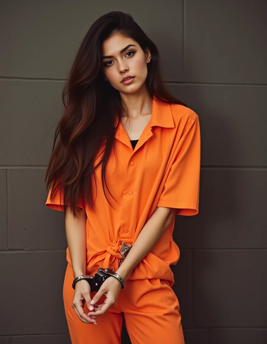 handcuffed woman, hxndcxffs, prisoner jumpsuit <lora:handcuffed-flux:1> hxndcxffs