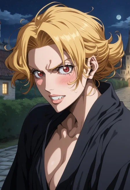 score_9, score_8_up, score_7_up, score_6_up, score_5_up, score_4_up, Castlevania_(Netflix) style, (perfect face, perfect eyes), BREAK, 1woman, hissing, vampire, vampire teeth, (enraged), anger, blush, long blonde hair, sidelocks, bang, updo, messy hair, curly hair, eyelashes, red eyes, bleach style, wearing fundoshi, Outside at night, a walled village in the distance, towers, stone,AddXL, sm_an_stl ,source_anime, anime screencap, anime, animification