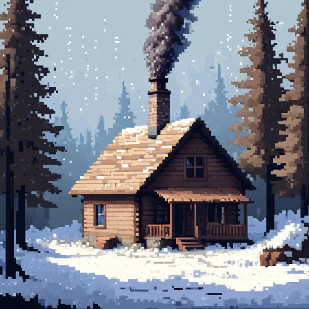 <lora:Pixel_Art_Styles:1> ArsMJStyle, Pixel Art, LowP, Cozy Cabin, The image shows a simple pixelated scene of a cozy cabin in the woods, with smoke rising from the chimney and snow gently falling outside. The cabin is depicted with basic, blocky shapes, and the surrounding trees are also minimalistic. The color palette is warm and inviting, using shades of brown, white, and soft blue to create a peaceful, wintery atmosphere., cabin, snow, trees, low resolution, blocky, warm tones, brown, white, blue, cozy, winter, peaceful