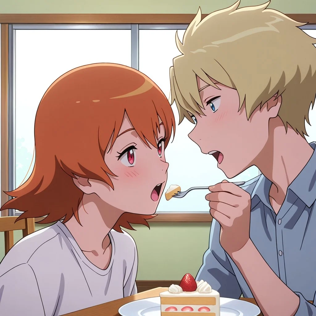 (couple,:1.3),
1girl,sora_takenouchi_tri, orange hair, red eyes,,
1boy,yamato_ishida_tri,blond hair, blue eyes,,
romance,hetero,,
masterpiece, absurdres, newest, perfect quality, best quality, absolutely eye-catching, amazing quality, very aesthetic, high resolution, ultra-detailed,,
feeding,food, open mouth, incoming food,,
cake, plate ,holding fork,,
(wide shot:1.3)