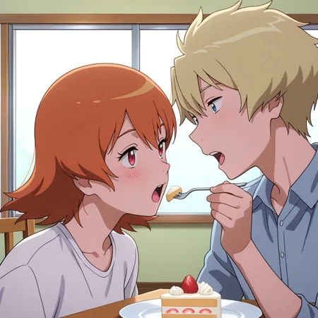(couple,:1.3),
1girl,sora_takenouchi_tri, orange hair, red eyes,,
1boy,yamato_ishida_tri,blond hair, blue eyes,,
romance,hetero,,
masterpiece, absurdres, newest, perfect quality, best quality, absolutely eye-catching, amazing quality, very aesthetic, high resolution, ultra-detailed,,
feeding,food, open mouth, incoming food,,
cake, plate ,holding fork,,
(wide shot:1.3)