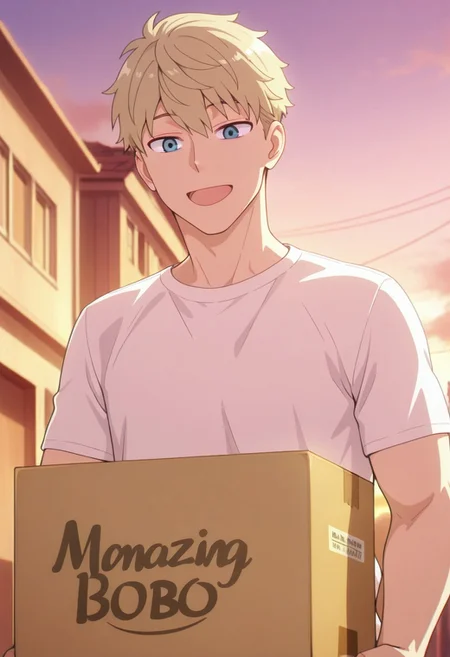 masterpiece,best quality,amazing quality, twilight, blonde hair, short hair, blue eyes, 1boy, male focus, shirt, box, solo, white shirt, holding box, open mouth, smile, t-shirt, cardboard box, holding, upper body, short sleeves