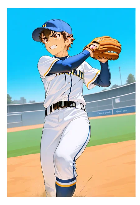 1boy,<lora:Sawamura_Eijun_Illustrious_-_Diamond_no_Ace:1>,eijun,
outdoors,white_border,baseball stadium,blurry background,dust cloud,
cowboy_shot,(from_side:1.2),(motion_blur:1.2),foreshortening,dutch angle,foot_out_of_frame,
(throwing:1.2),(pitching:1.2),dynamic pose,
arched_back,running,clenched teeth,
brown hair,brown eyes,baseball uniform,baseball cap,baseball mitt,baseball,belt,belt buckle,black belt,sweat,sweatdrop,
solo,male focus,
masterpiece,best quality,newest,absurdres,highres,