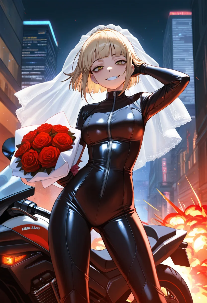 himiko toga, masterpiece, best quality, ultra detailed, finely detailed,, solo, 1girl, adult, bikesuit, holding bouquet, hand behind head, legs apart, stern, grin, wedding veil, futuristic motorbike, street, particles, night, flames, explosion, city, cowboy shot,