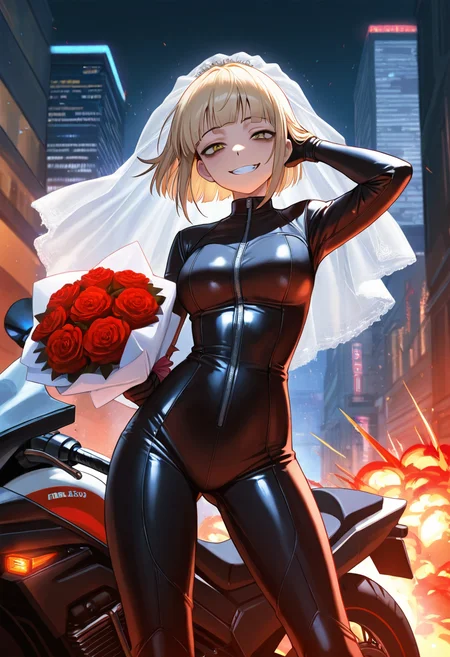 himiko toga, masterpiece, best quality, ultra detailed, finely detailed,, solo, 1girl, adult, bikesuit, holding bouquet, hand behind head, legs apart, stern, grin, wedding veil, futuristic motorbike, street, particles, night, flames, explosion, city, cowboy shot,