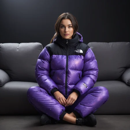 (full body shot) cute british woman wearing Space-inspired designs (galaxies, stars) tnf_nuptse jacket and thick puffy double layered tnf_nuptse puffer salopettes, hyperdetailed photography,4k textures,intricate details,4k resolution <lora:pufferdown_tnf_nuptse:0.5>, sitting on a couch, in a dark room, cinematic still