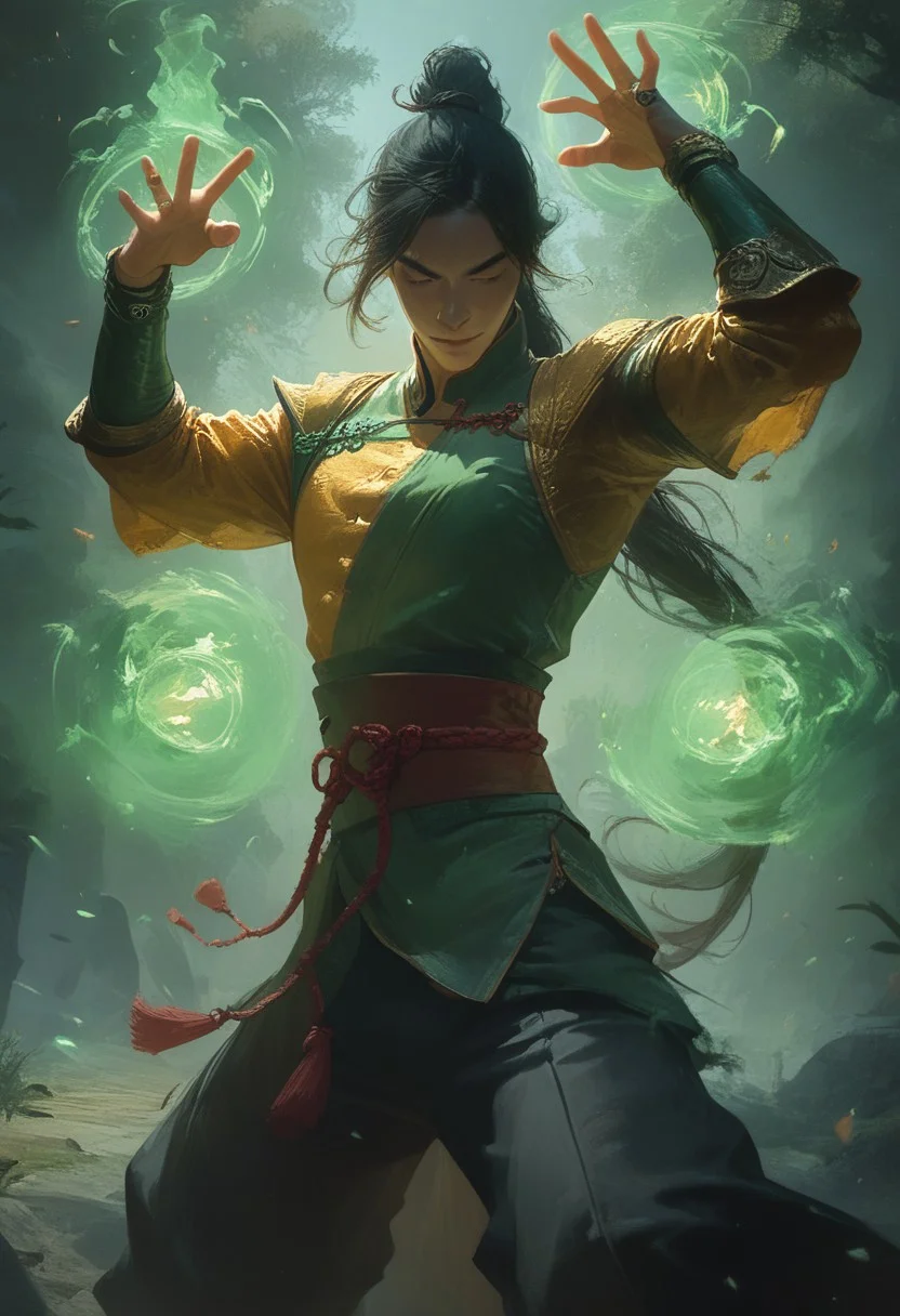 score_9, score_8_up, score_7_up, BREAK source_anime, source_cartoon, 1boy, happy, wide smile, ((expressive)), (((((chinese fighting pose)))), thin chin, solo, detailed face, detailed eyes, (Green eyes), white skin, black hair tied up, man with hair tied up, ((long hair)) (ponytail), ((glowing enery)), very muscular man, muscular chest, broad shoulders, Chinese combat attire, green Chinese clothing, golden sleeves, (((golden scale pattern))), loose black pants, red rope belt
BREAK
(((green fire in hands))), (flaming gauntlets in hands), green flaming eyes),
outside, grass, trees, flying leafs, Spell ring, large spell ring over head,