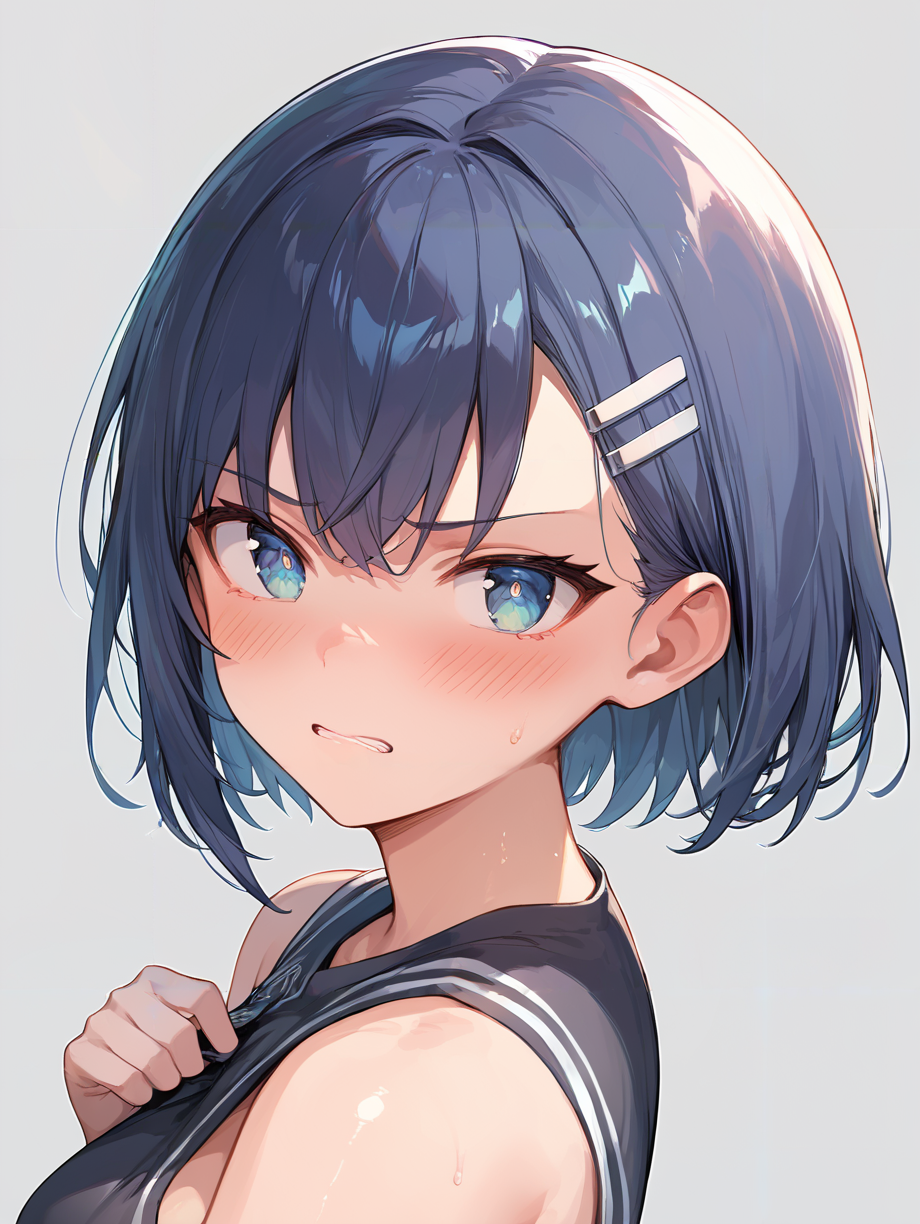 score_9, score_8_up, score_7_up,source_anime, high res image,masterpiece,best quality,(girl:1.0),cute face,clear skin,shiny hair,ultra detailed eyes,simple background, <lora:clenched teeth_pony_V1.0:1> clenched teeth, blush, sweat