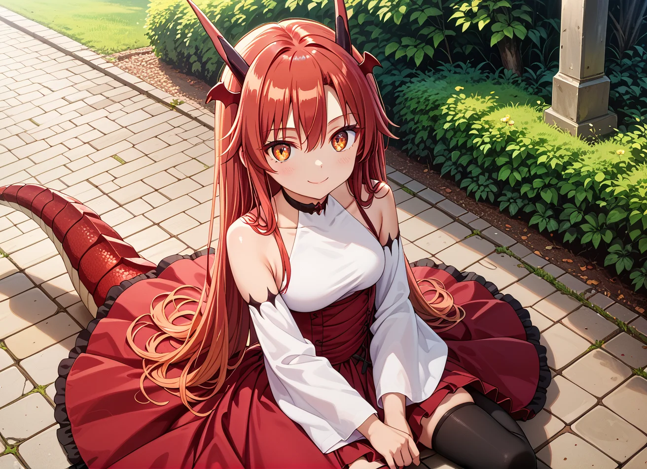 score_9,score_8_up,score_7_up,source_anime BREAK prefect lighting,very aesthetic,prefect hands,best quality BREAK
intricate details,highly detailed background,(masterpiece:0.9),high quality,lustrous_skin,skindentation,
ultra delicate hair,
<lora:cfg_scale_boost:0.6>,
face_detail,
skin_detail,
<lora:tania_izo:0.8>,taniav2,red hair,long hair,horns,dragon horns,orange eyes,hair between eyes,dragon girl,head wings,dragon tail,
bare shoulders,long sleeves,detached sleeves,white sleeves,collarbone,white shirt,red skirt,dress,wide sleeves,choker,black thighhighs,
masterpiece,best quality,score_9,score_8_up,score_7_up,ultra-detailed,Best-A,Medium-B,Low-C,Bad-D,
cute,light_blush,in a meadow,park,grove,smile,dynamic_angle,from_above,1girl,solo,sitting,looking at viewer,