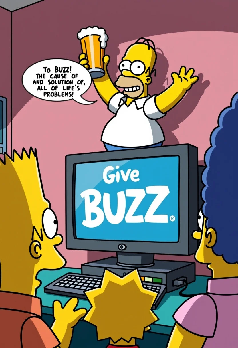 Homer Simpson standing on a big computer monitor displaying the word "Give BUZZ", raising a big pint glass of beer, speech bubble above his head with the text
"To BUZZ!
The Cause Of,
And Solution To,
All Of Life's Problems!", while other characters look at him