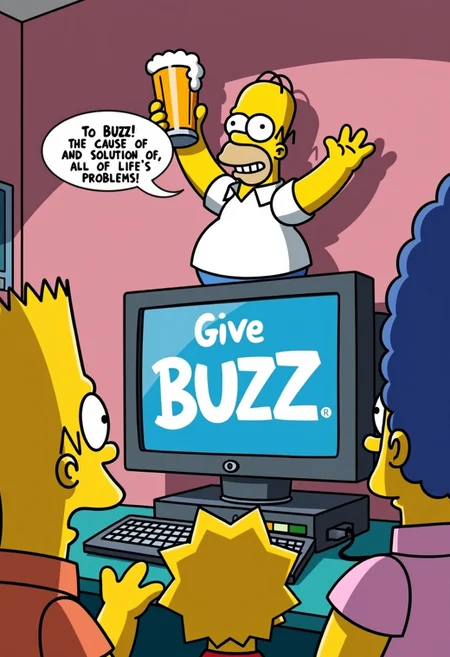 Homer Simpson standing on a big computer monitor displaying the word "Give BUZZ", raising a big pint glass of beer, speech bubble above his head with the text
"To BUZZ!
The Cause Of,
And Solution To,
All Of Life's Problems!", while other characters look at him