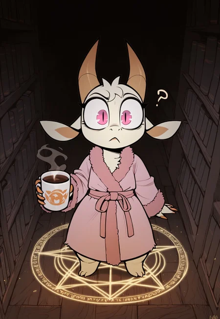 zPDXL3, score_9, score_8_up, score_7_up, Expressiveh, volumetric lighting, dynamic pose, dynamic angle, detailed background, library, fantasy, backlighting, looking at viewer, full body picture, (solo girl), Fwench Fwy, Dragon, Pale body, light orange horns, light orange claws, big tail, pink eyes, wide eyes, light orange belly, short stack, small snout, anthro, solo, slit pupils, (((pink bathrobe, holding cup of coffee))), shortstack, cute, (summon, magic circle, glowing magic circle), emerging from summoning circle, swirling magic,,confused facial expression, confused, glowing, ??,?,???, highly detailed,