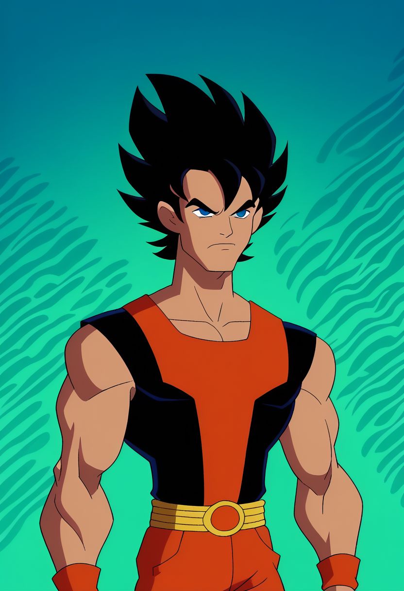 score_8, score_7, score_6, score_5,(masterpiece, best quality, amazing quality, abstract art background), ,cowboy shot, multi colored background,  wyatt, character focus, upper body visible, zoomed in medium shot, goku, black hair,