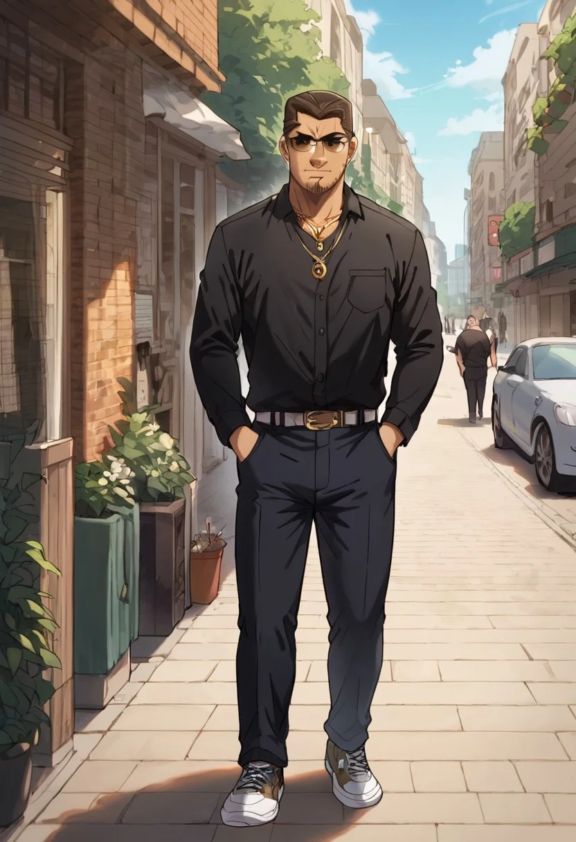 score_9, score_8_up, score_7_up, score_6_up, source_anime, BREAK, 1man, solo, (( <lora:kataoka_tesshin:1> , kataoka_tesshin, piercing dark brown eyes, clear eyes, strict eyes, strong muscular toned body, manly, strong male, alfa male, light tanned skin, short brown hair, hair gelled back, short brown circle beard, chad male, charismatic male, )) , ((very cool brown-lens sunglasses, black shirt, black trousers with gold belt, thick gold yakuza necklace, )) , male focus, full body, hands in pocket, looking away, thug grin, expressive face, manly, 1male, blurry outdoors, dutch angle, intricately detailed illustration, atmospheric perspective, depth of field, night, lamplight, deserted street in the big city,