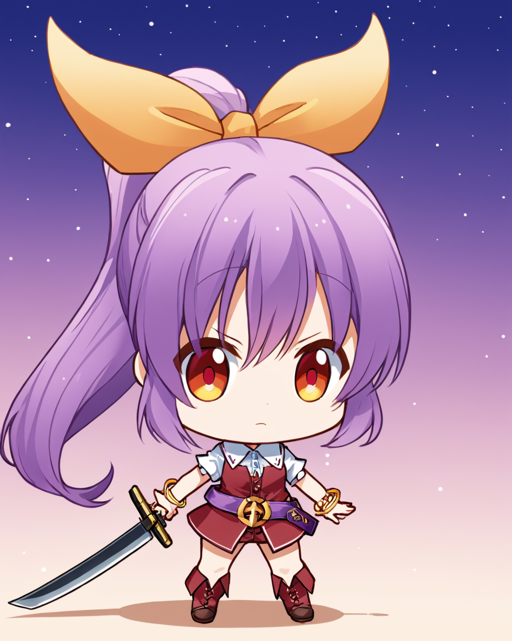 watatsuki no yorihime,1girl, solo, belt, ponytail, hair_bow, katana, bracelet, chibi, hair_ribbon
<lora:watatsuki_no_yorihime_image737_2023-12-20:1>,star-shaped_pupils,symbol-shaped_pupils,. gorgeous,key visual, vibrant, studio anime,award-winning, professional, highly detailed,high budget, cinemascope