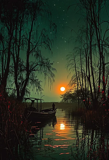 linquivera, Ink illustration, (anime:0.5), brown tones, aged black red paper, inkpunk, moonlight,surreal, a ghost standing on a boat in swampy wetlands, (at a distance), Will-o'-the-wisp, moonlit, lonely, solitude, windy, tall trees, willows, willowy, OverallDetail, extremely detailed, UHD,(long exposure , dystopian but extremely beautiful:1.4),