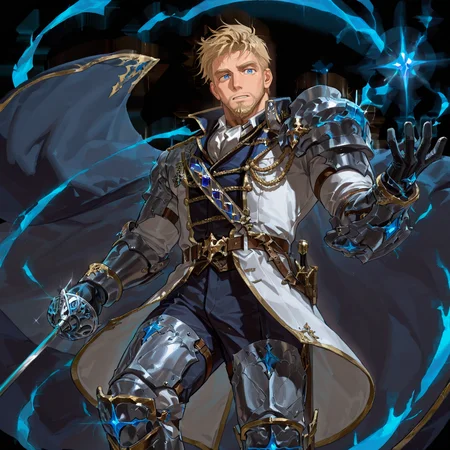 <lora:Fraise__Alchemist_Code-000004:.75>, tagatamefraise, 1boy, blonde, short hair, blue eyes, solo, male focus, manly, mature male, coat, ascot, aiguillette, collared shirt, sash, armor, gloves, pants, boots, holding rapier,
(very short hair, beard, bara, mature, facial hair, stubble, beard, full beard, sideburn, beard, a lot of beard, ), facial hair,male focus, muscular male, muscular male, bara, mature,  bara, mature, aixiwuganda_(20222192), very awa, masterpiece, best quality, absurdres, newest, perfect quality, detailed background, intricate details,
<lora:slider_Body Type_alpha1.0_rank4_noxattn_last:3><lora:Anime Summer Days 2 Style SDXL_LoRA_Pony Diffusion V6 XL:.6><lora:slider_cfg_scale_boost:.7><lora:Artist6p:.55>, Artist6p, Artist04p,<lora:slider_il_brightness_slider_d1:-1><lora:slider_il_contrast_slider_d1:-1><lora:slider_DarkSlider1.2_alpha1.0_rank16_full_300steps:-.6>