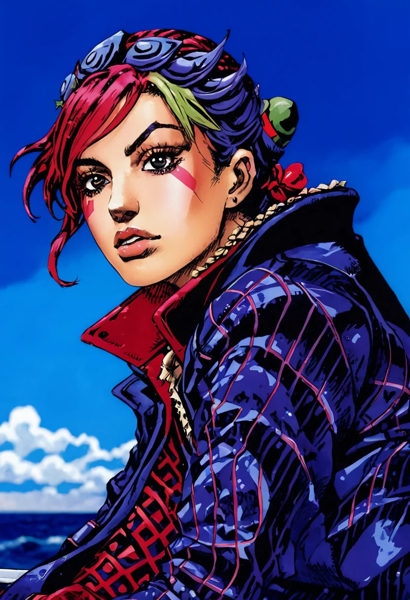 best quality, close up, a jolyne kujo in coat with wave pattern, blue and red colors, simple sky in background, by araki hirohiko <lora:araki_hirohiko-000016:0.7> <lora:add-detail-xl:0.4>