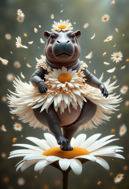 hippopotamus dancing on a daisy, wearing a ballet tutu made of daisy petals and pointe shoes, leap creates a spiral of petals around her, floating petals, hyper-realistic, professional photoshoot, ultra-sharp, vivid colors, humor, funny, atmospheric, aidmaimageupgrader