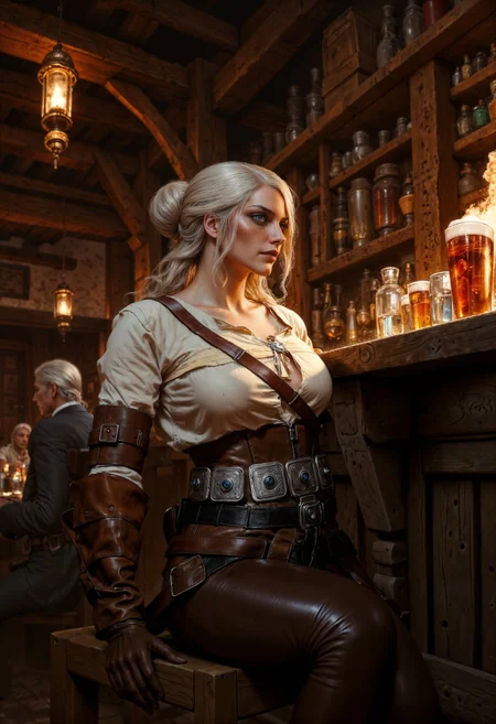 CiriW, Image is a digital painting depicting a medieval-style tavern interior. The layout features a warm, dimly lit atmosphere with wooden beams and rustic decor. The subject is a woman with long white hair styled in a bun, fair skin, and striking facial features, including green eyes and a confident expression. She is wearing a medieval-inspired outfit consisting of a white blouse with a deep neckline, brown leather pants adorned with silver studs. The bar is lined with various drinks, including a prominently placed mug of beer. In the background, patrons are seated at tables, engaged in conversation, adding to the lively ambiance. The lighting is soft, with a golden hue emanating from hanging lanterns, enhancing the cozy and inviting setting. <lora:FluxMythP0rtr4itStyle:0.6> <lora:flux.1_lora_flyway_Epic-Characters_v1:0.6> <lora:Elden_Ring_-_Yoshitaka_Amano:0.33> <lora:FluxCiriWV1:1>