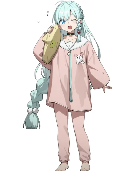 score_9,score_8_up,score_7_up,simple_background,white background,pajamas,full body,sleepy,standing,holding pillow,
<lora:yuebai_pony:0.75>,yuebai,1girl,solo,long hair,very long hair,braid,blue eyes,bangs,choker,hair ornament,
looking at viewer,anime screencap,anime screencap,yawning,one eye closed,<lora:Anime_Screencap:1>,