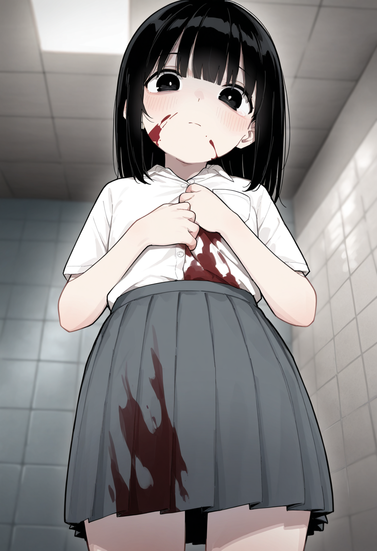 masterpiece,best quality,amazing quality,
1girl, from below, solo, looking down, blood on clothes, skirt, black hair, blood, pleated skirt, shirt, blood on face, short sleeves, white shirt, closed mouth, tiles, looking at viewer, bangs, grey skirt, black eyes, school uniform, blush, indoors, ceiling, tile wall, holding,
 <lora:Healthyman_epoch_10:1>