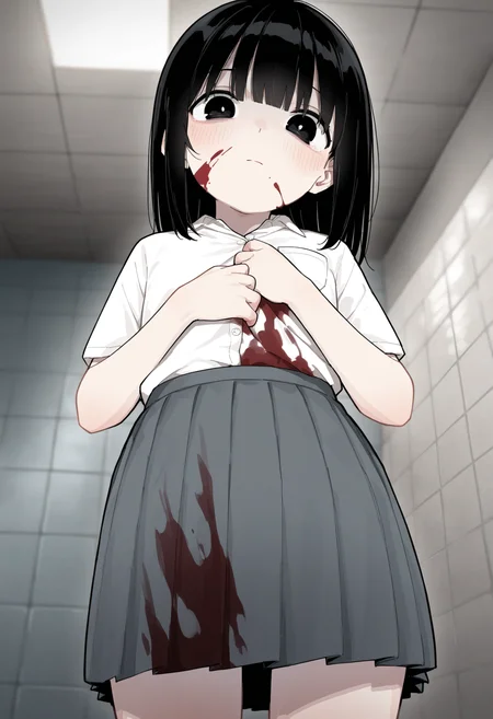 masterpiece,best quality,amazing quality,
1girl, from below, solo, looking down, blood on clothes, skirt, black hair, blood, pleated skirt, shirt, blood on face, short sleeves, white shirt, closed mouth, tiles, looking at viewer, bangs, grey skirt, black eyes, school uniform, blush, indoors, ceiling, tile wall, holding,
<lora:Healthyman_epoch_10:1>