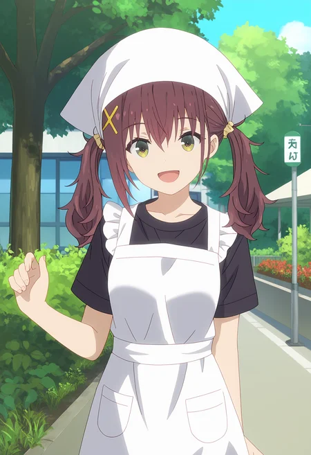 <lora:Kurea furutachi-000028:1>,
Kurea FURUTACHI,solo,hair ornament,outdoors,smile,apron,open mouth,looking at viewer,shirt,black shirt,:d,short sleeves,head scarf,tree,hairclip,standing,brown eyes,day,green eyes