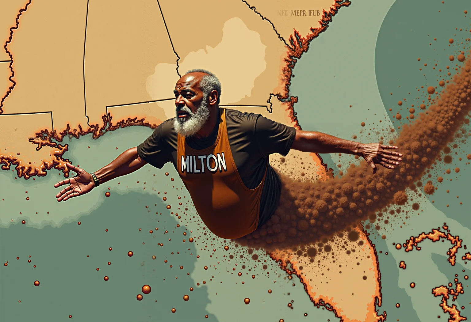 a doppler brown radar map depicting The most popular fat old white man in the world wearing a t-shirt that has "MILTON" printed on the front, in flight propelled by his posterior end gushing chunky torrents, soaring through hurricane sky over a map of the state of Florida obliterating it.