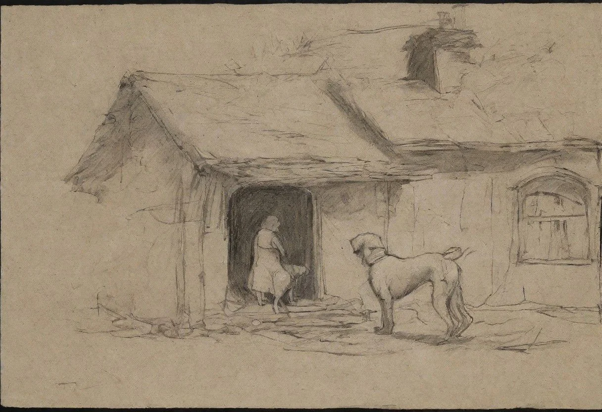 sketch, study,  dog and a girl out of their house, wandering, delicate detailed, detailed outline, black background,