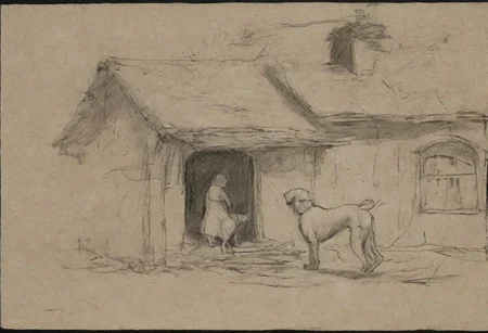 sketch, study,  dog and a girl out of their house, wandering, delicate detailed, detailed outline, black background,