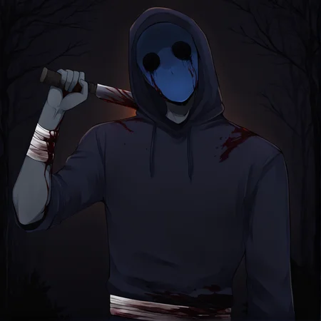 <lora:Eyeless_Jack:1> jack, hood, solo, blue mask, 1boy, male focus, grey skin, masterpiece, high quality, close view, surgical mask, blood on clothes, <lora:DarkerThanBlackIllustrious:1> masterpiece \(quality\), dark, dim lighting, dark forest background, holding machete, bandages,