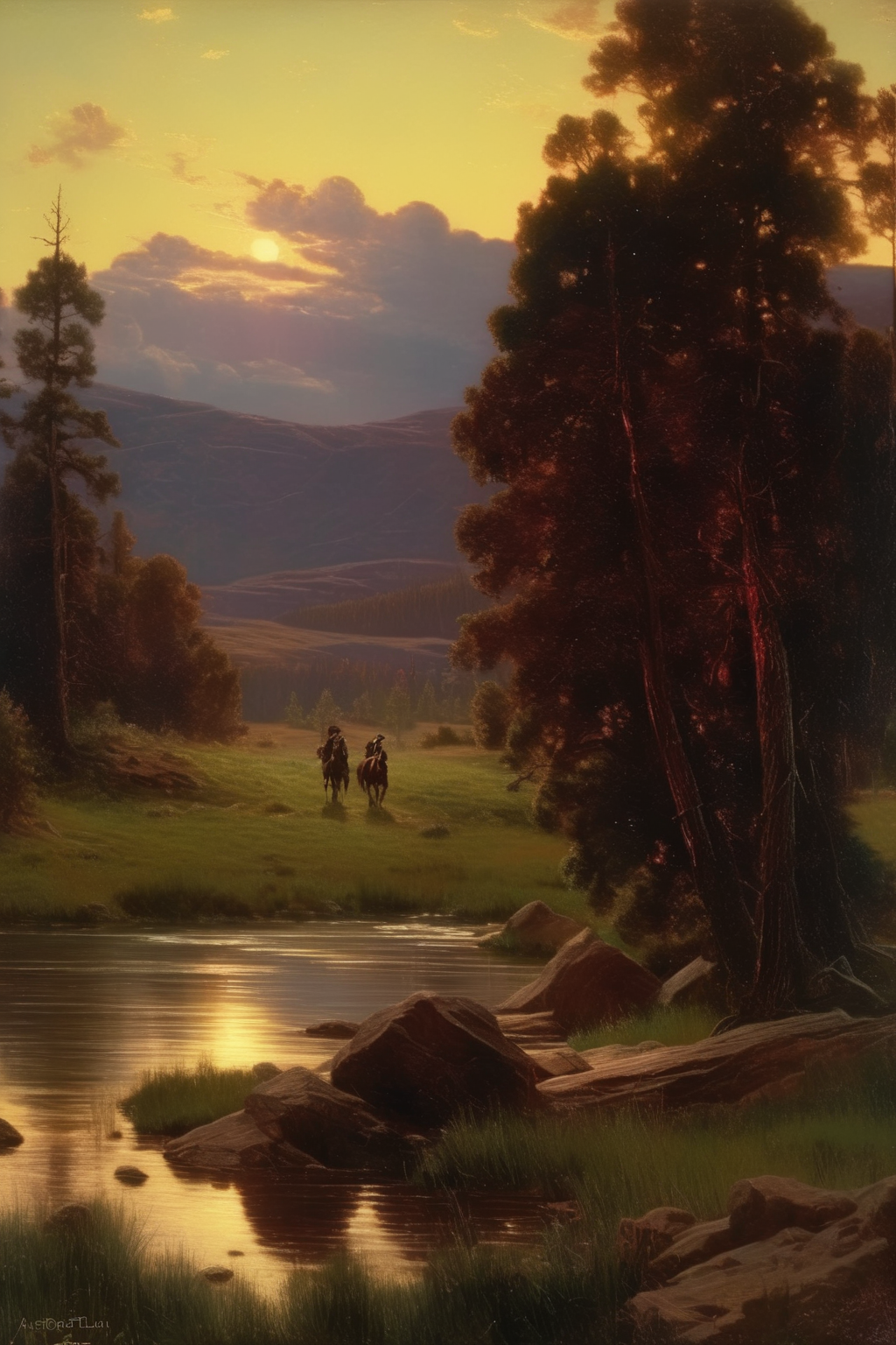 <lora:Worthington Whittredge Style:1>Worthington Whittredge Style - close up, in the landscape shot by Abbott Fuller Graves and Martin Grelle. dawn.