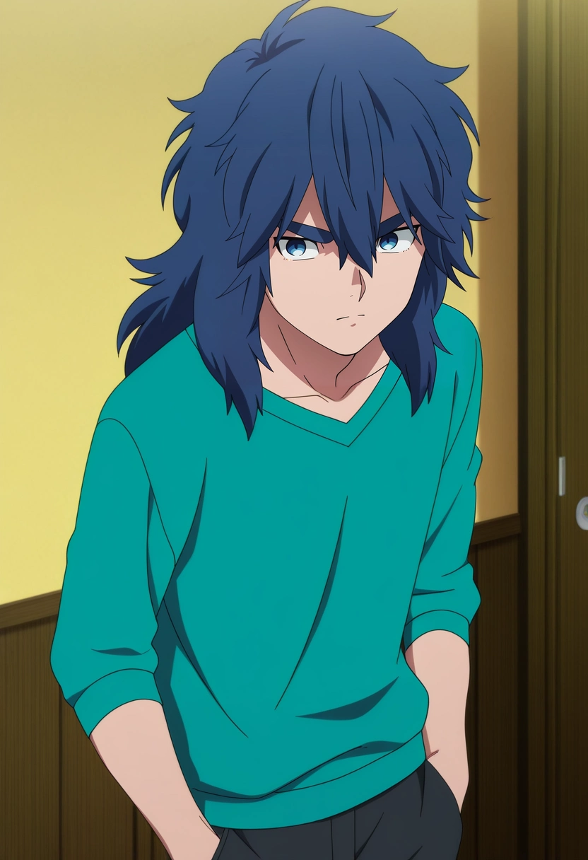 masterpiece, best quality, anime screencap, official style, anime coloring, cowboy shot, 1boy, solo, male focus, <lora:yui_kemono_jihen_ilxl:0.9>, yui_kemono_jihen, blue hair, blue eyes, long hair, hair between eyes, bangs, thick eyebrows, , ,