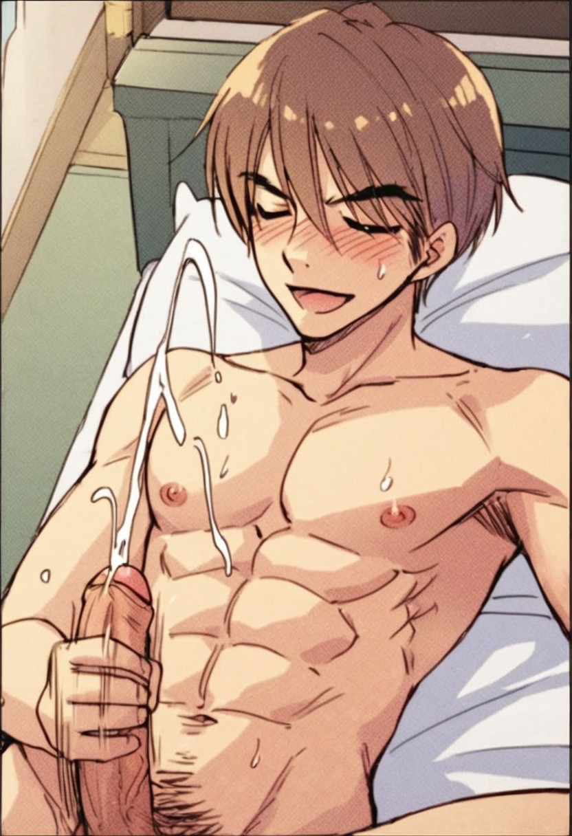score_9, score_8_up, score_7_up, anime_source, official artstyle, anime screencap, highly detailed, 1boy, perfect composition, good shading, motion lines, movement lines, male focus, 1boy, solo, male focus, completely naked, bare upper body, barechested male, bare lower body, bare legs, thick abs, indoors, bedroom, bed, ozaki guy, brown hair, short hair, male focus, solo, sitting on bed, visible feet, erect penis, erection, masturbation, male masturbation, foreskin, cumshot, orgasm face, o_face, manspreading