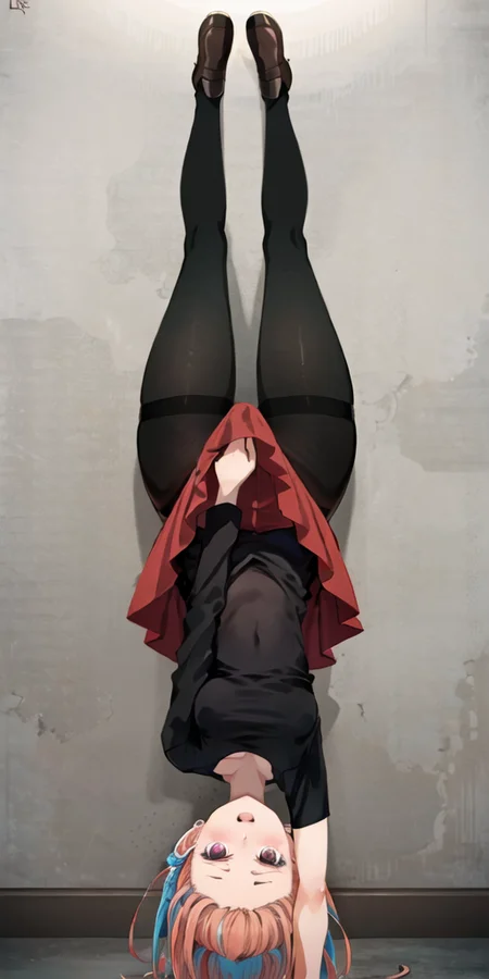 masterpiece, best quality, ultra-detailed, illustration, 1girl, lycoris challenge \(meme\), one arm handstand, upside-down, <lora:ChisatoHandstand:0.6>, black tshirt, red skirt, pink hair, pantyhose, medium breats