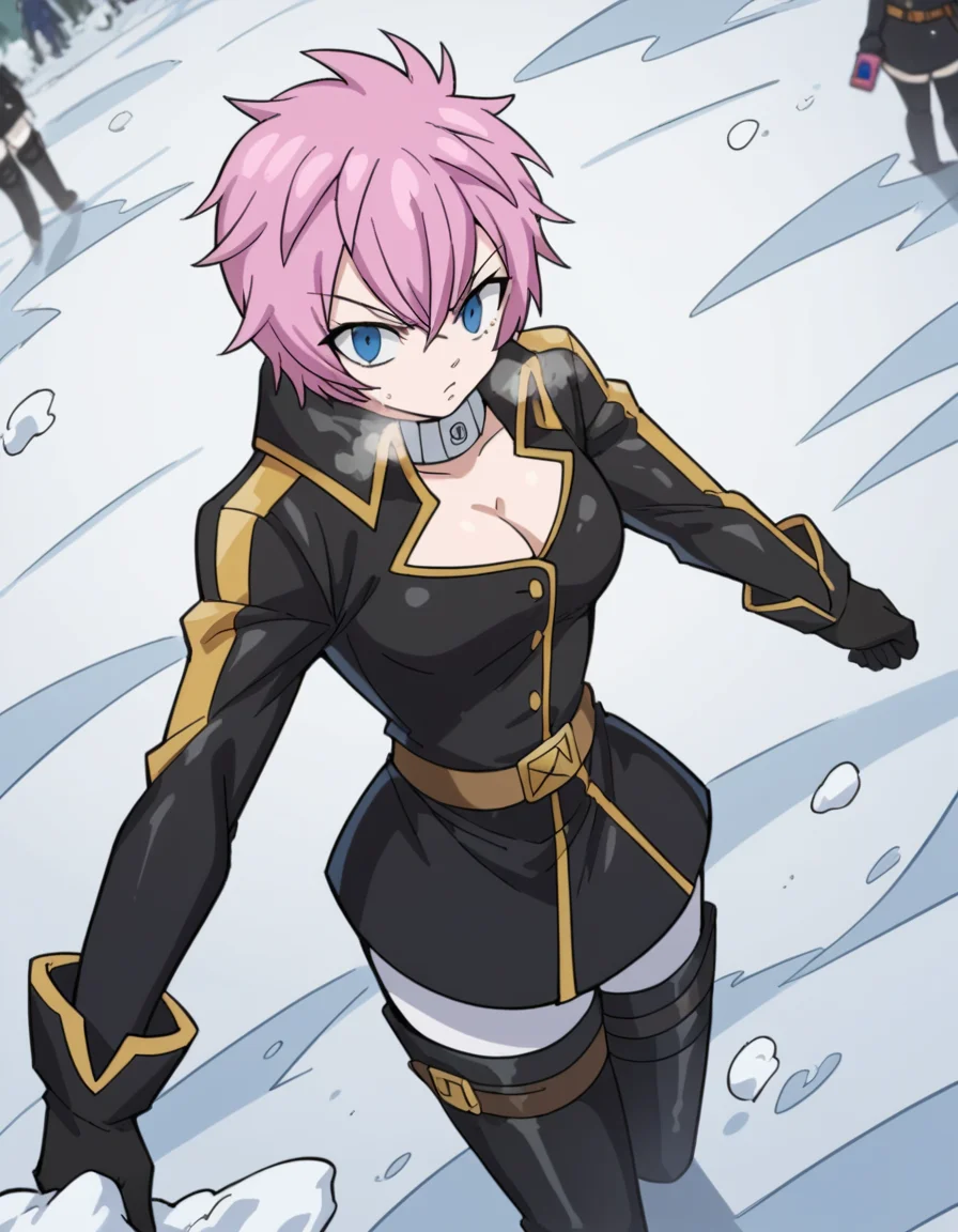 score_9, score_8_up, score_7_up, source_anime, <lora:fairytail-virgo-s7-ponyxl-lora-nochekaiser:1>,, eclipse virgo, short hair, bangs, blue eyes, pink hair, thighhighs, gloves, cleavage, pantyhose, boots, thigh boots, collar, jacket, black jacket, belt,, snow day, winter clothes, snowball fight, laughter, cold breath, white landscape, , looking at viewer, arm holding a phone, solo,, cowboy shot, dutch angle