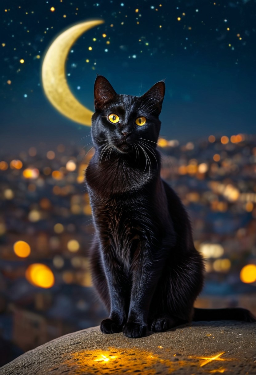 photograph of, an adorable black cat, yellow eyes, night, sitting on a moonbeam, ((sitting on a crescent moon overlooking a city)), dark atmosphere, stars in the sky, view from below, ((bokeh)), OverallDetail