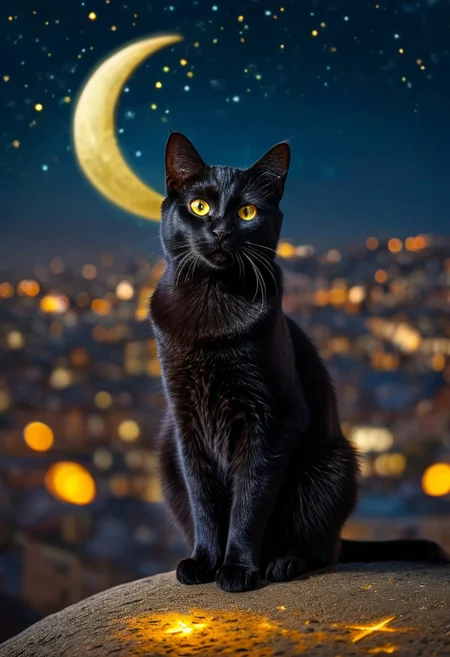 photograph of, an adorable black cat, yellow eyes, night, sitting on a moonbeam, ((sitting on a crescent moon overlooking a city)), dark atmosphere, stars in the sky, view from below, ((bokeh)), OverallDetail