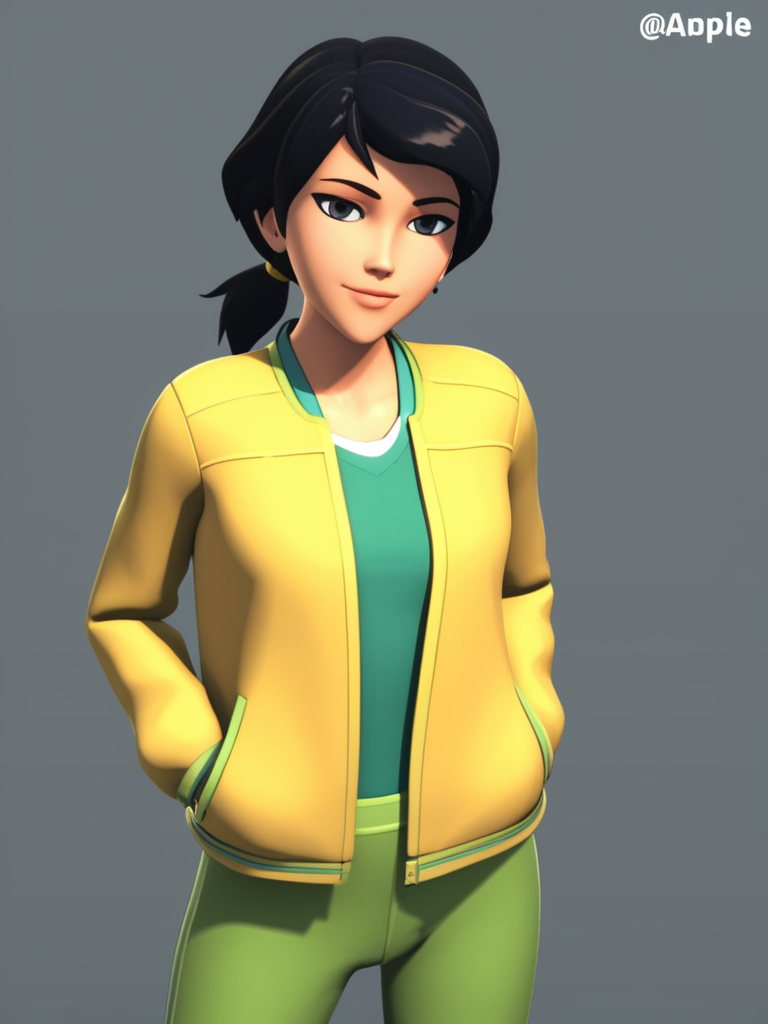 score_9, score_8_up, score_7_up, score_6_up, BREAK masterpiece, perfect face, perfect hands, high quality, source_cartoon, BREAK (1girl, solo,) <lora:June_Darby_-_Transformers_Prime:1> june, black hair, short hair, black eyes, low ponytail, (3D, cgi,)yellow open jacket, green shirt, green pants,
