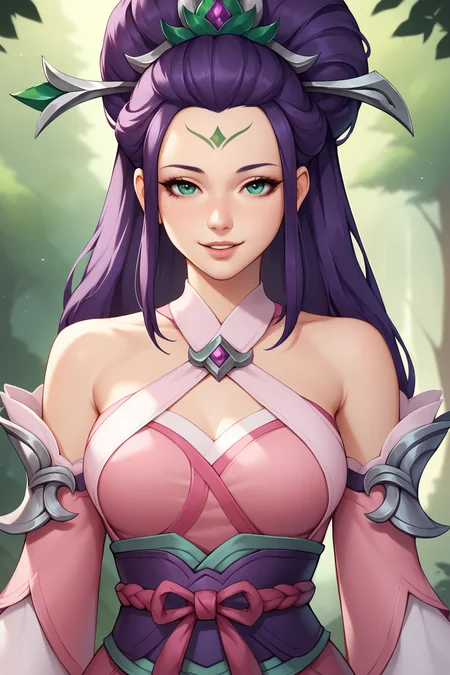 score_9, score_8_up, score_7_up, score_6_up, BREAK, JannaSSPXL, green eyes, purple hair, long hair, hair ornament, forehead, medium breasts, bare shoulders, pink dress, detached sleeves, long sleeves, purple sash, pink ribbon, solo, front view, (portrait, upper body), solo focus, seductive smile, looking at viewer, forest, tree <lora:JannaSSPXL:0.8>