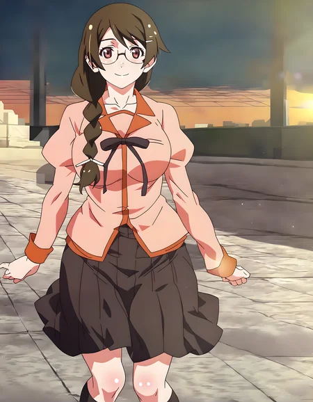 <lora:pony_xl_hanekawa>,hanekawa,score_9,source_anime,best quality,masterpiece,super fine illustration,1girl,solo,looking_at_viewer,cowboy_shot,ribbon,naoetsu_high_school_uniform,school uniform,long sleeves,puffy long sleeves,pink shirt,black skirt,juliet skirt,pleated skirt,collarbone,smile,;d,standing,knees_together_feet_apart,city,cityscape,front view,shining sunlight,lens_flare,hair_flaps,